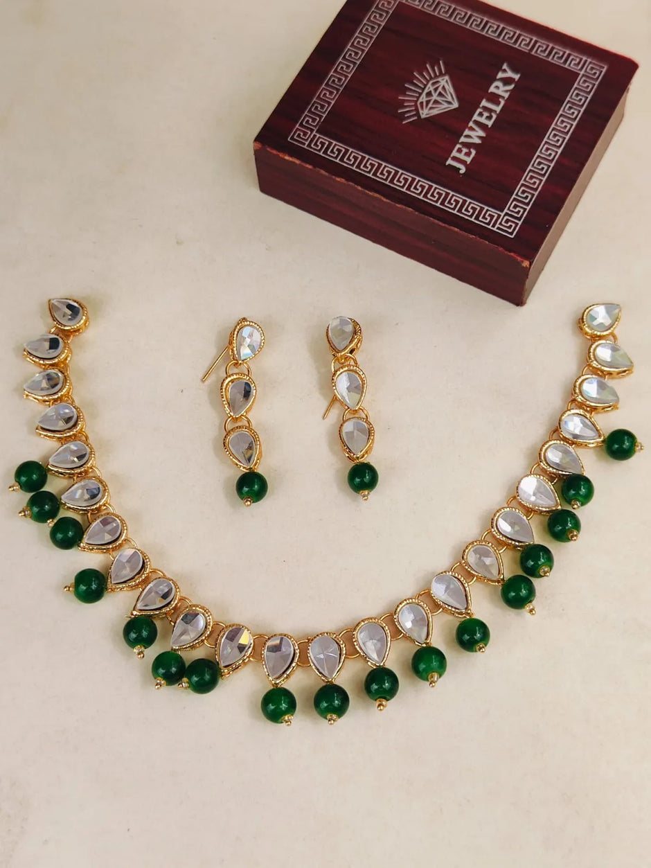 Green Moti Kundan Set