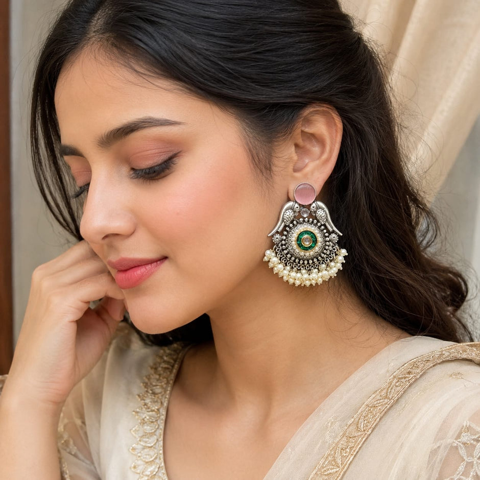 Oxidized Bird Pearl Earring