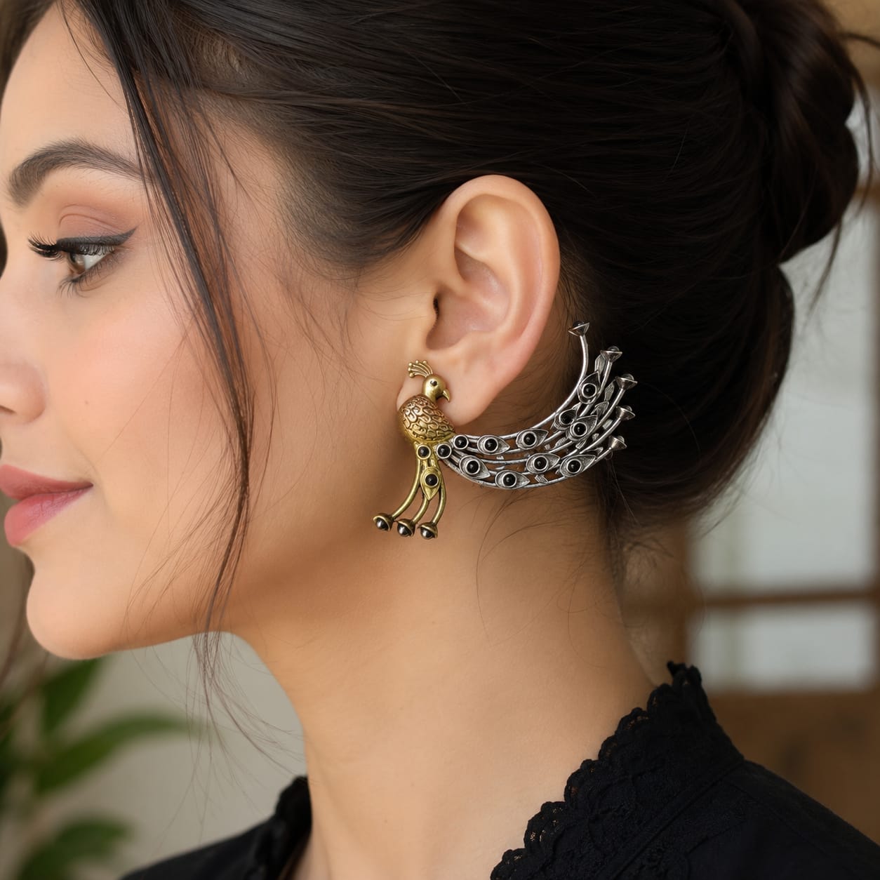 Golden Peacock Wings Earring