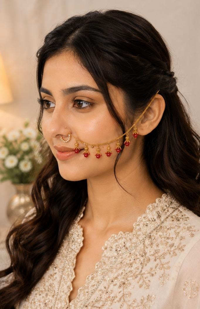 Red Pearl Nose Ring Chain