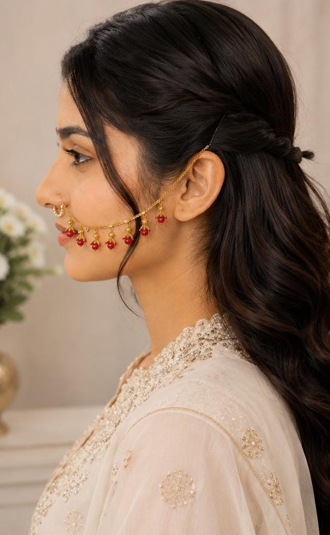 Red Pearl Nose Ring Chain