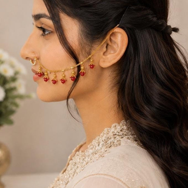 Red Pearl Nose Ring Chain