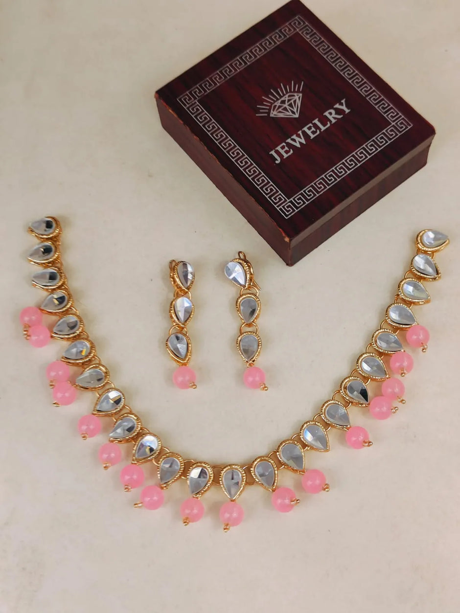 Pink Moti Kundan Set