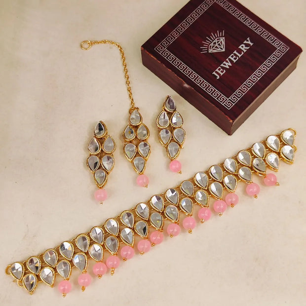 Pink Bindiya Kundan Set